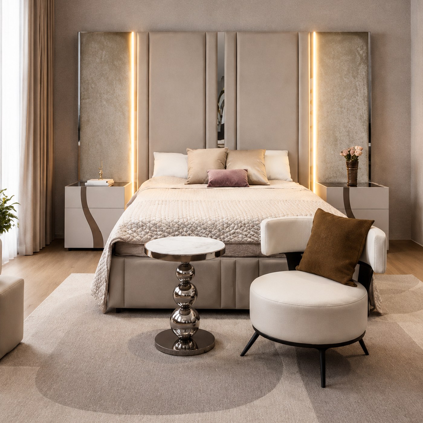Aurora LED Headboard product lifestyle image in a warm contemporary luxury bedroom by DNF World