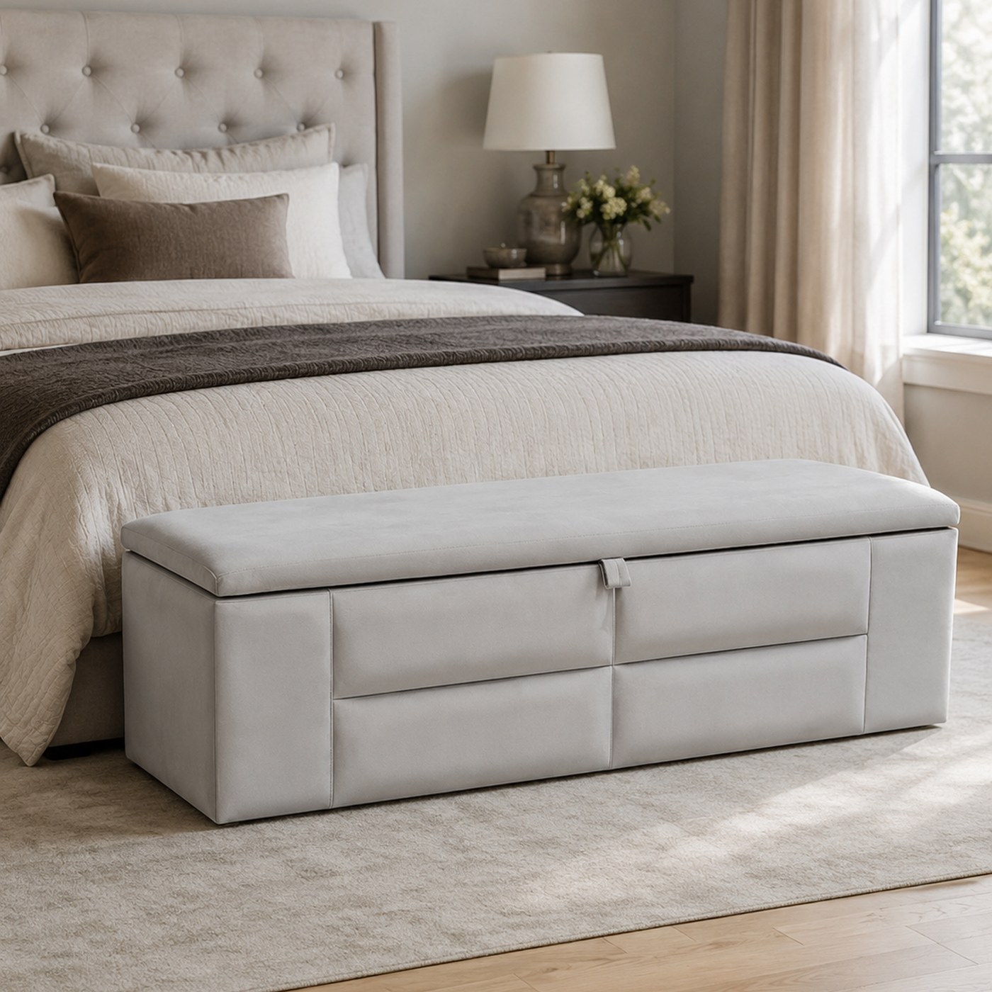 Bed Storage Box product lifestyle image at the foot of a modern upholstered bed by DNF World