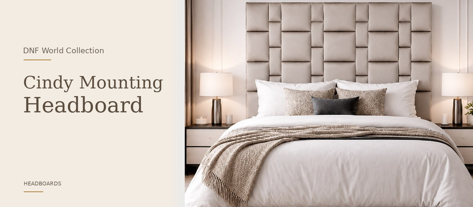 Cindy Mounting Headboard product page banner featuring a styled DNF World lifestyle setting
