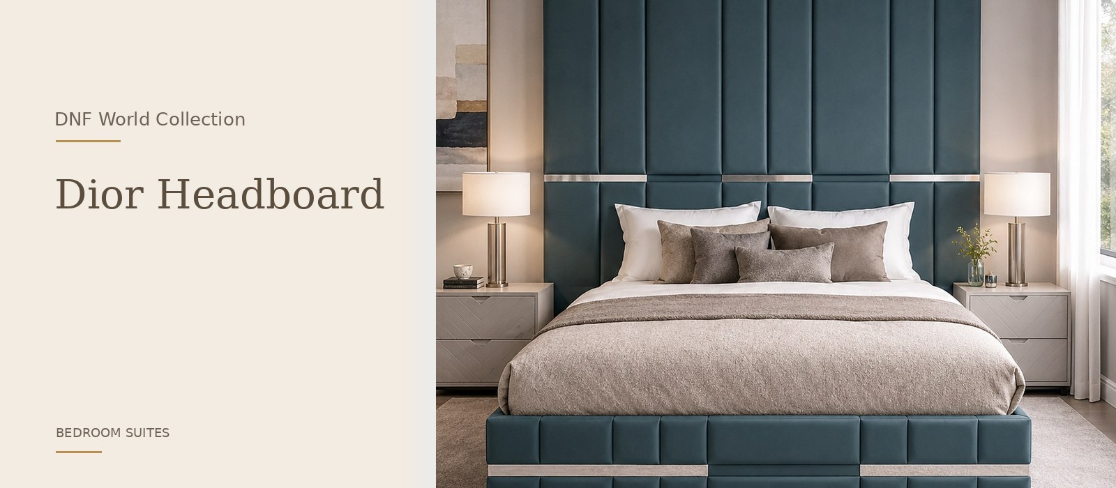 Dior Headboard product page banner featuring a styled DNF World lifestyle setting