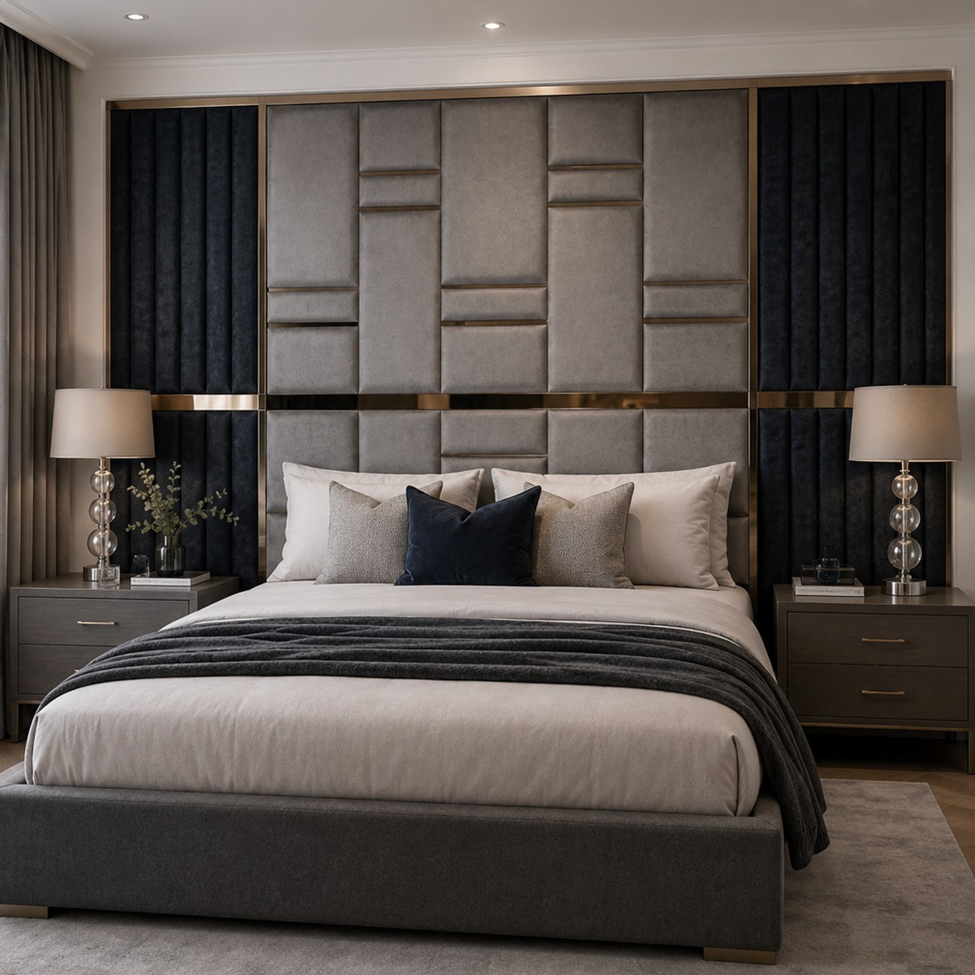 Dubai Headboard only product lifestyle image in a luxury bedroom with a textured statement headboard by DNF World