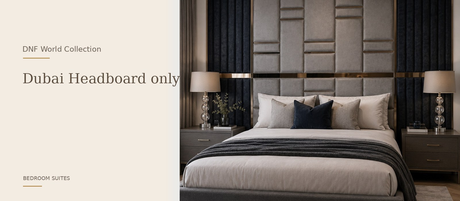 Dubai Headboard only product page banner featuring a styled DNF World lifestyle setting