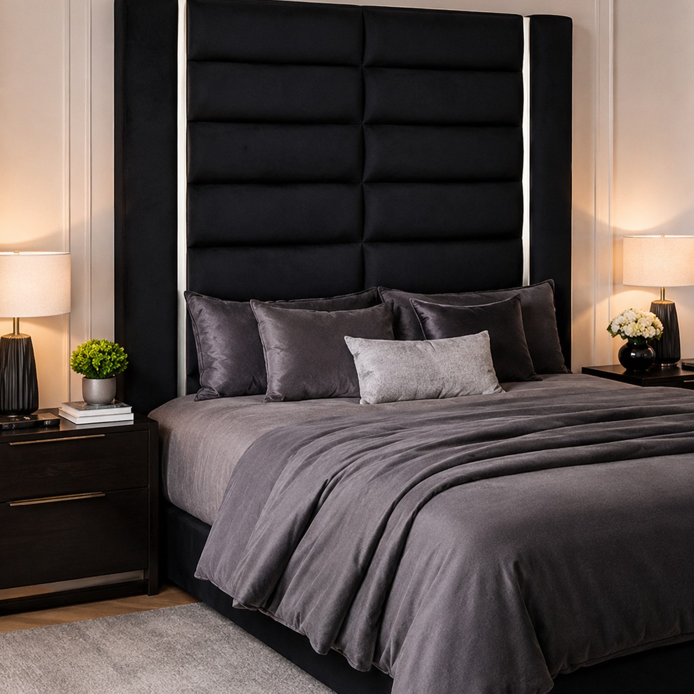 Emma Freestanding Headboard product lifestyle image in a luxurious charcoal bedroom by DNF World