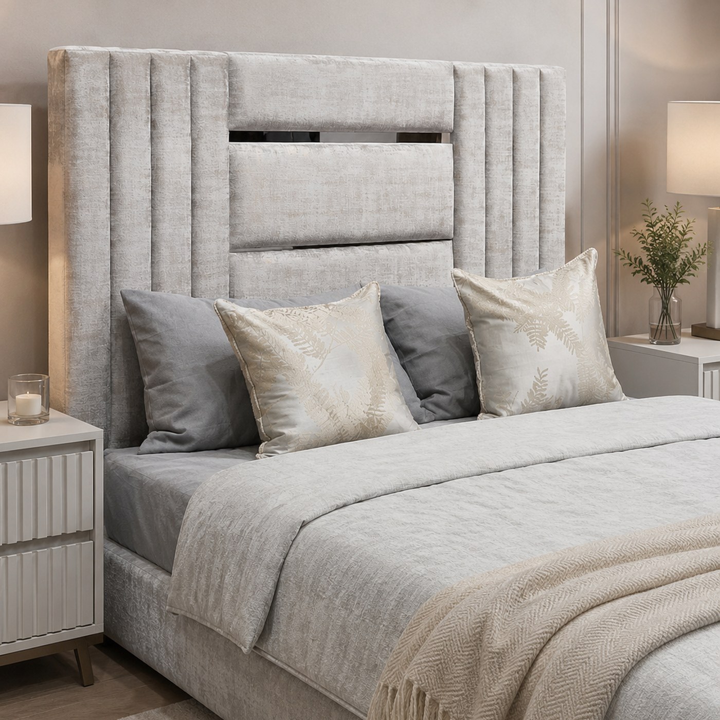 Emma Mounting Headboard product lifestyle image in a luxurious neutral bedroom by DNF World
