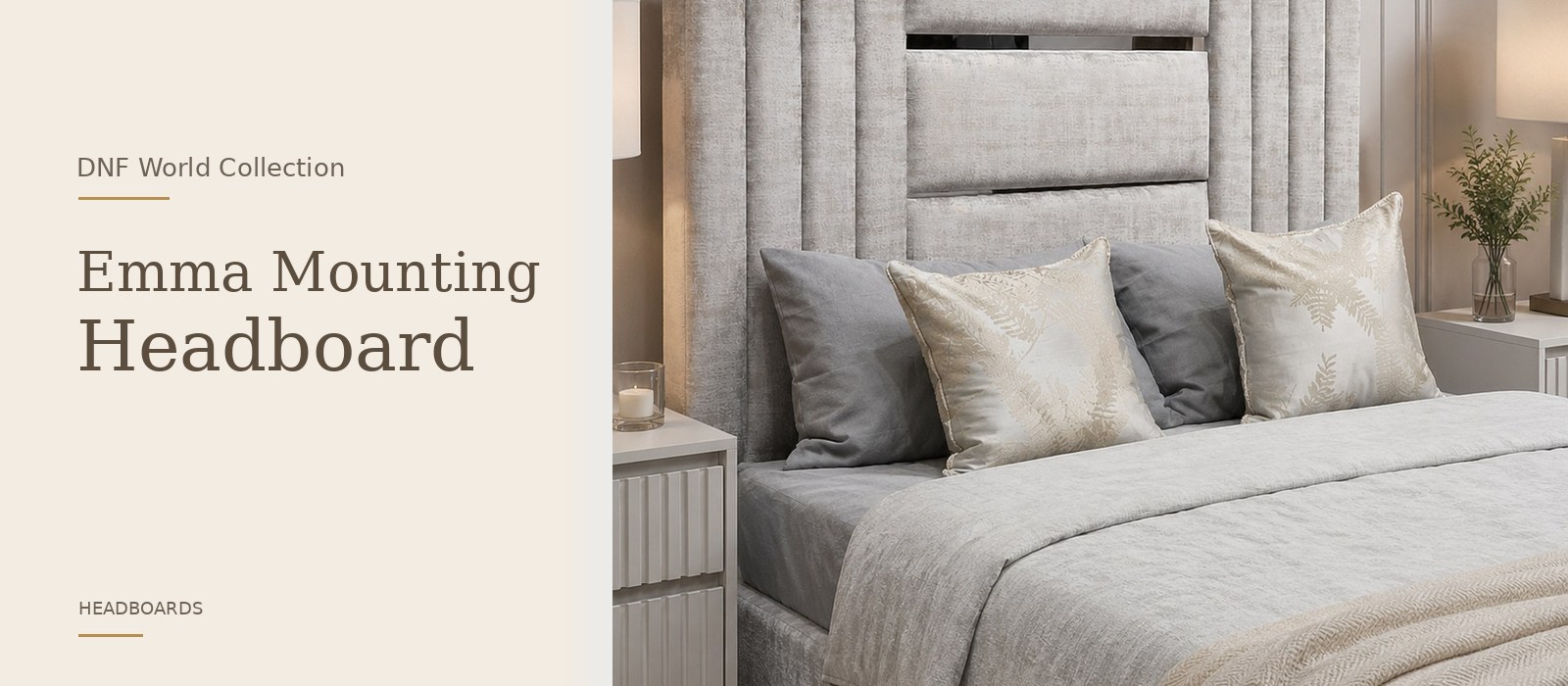 Emma Mounting Headboard product page banner featuring a styled DNF World lifestyle setting