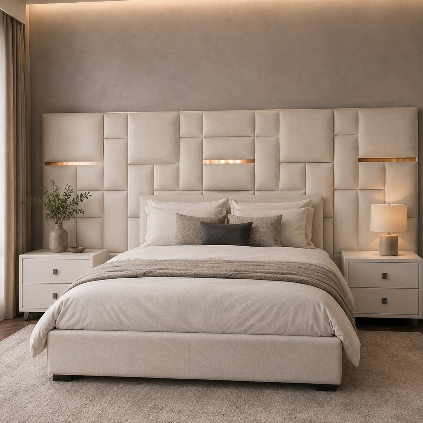 Emma Wingback Headboard product lifestyle image in a warm minimalist luxury bedroom by DNF World