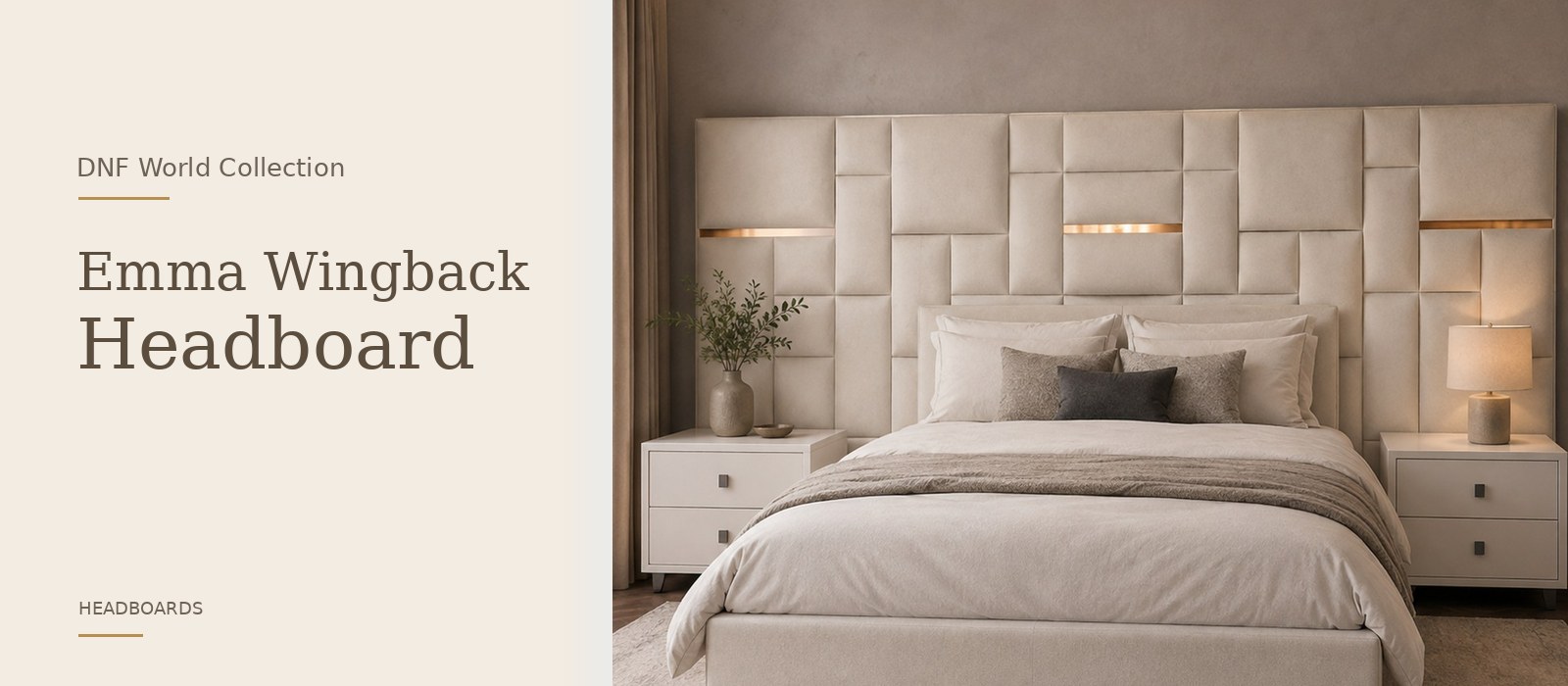 Emma Wingback Headboard product page banner featuring a styled DNF World lifestyle setting