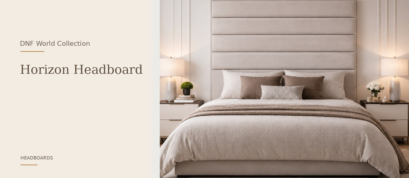 Horizon Headboard product page banner featuring a styled DNF World lifestyle setting