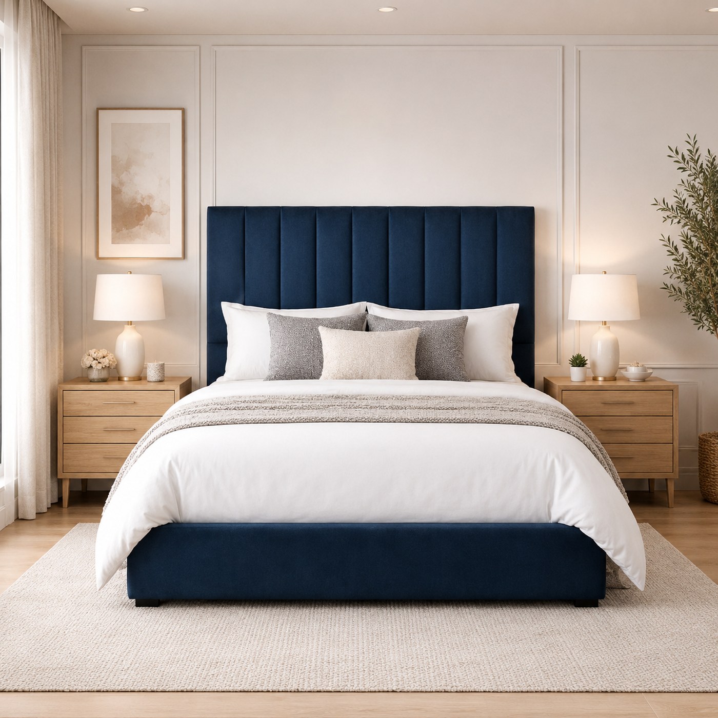 Iris Freestanding Headboard product lifestyle image in an elegant navy and neutral bedroom by DNF World
