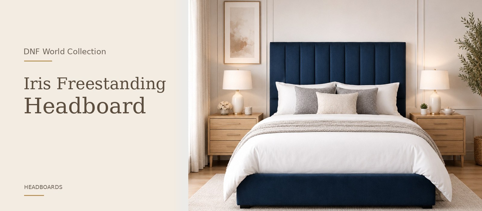 Iris Freestanding Headboard product page banner featuring a styled DNF World lifestyle setting