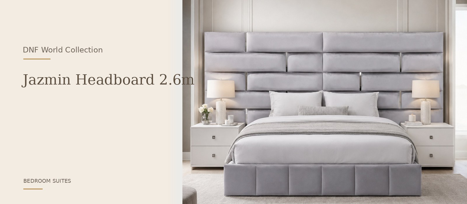 Jazmin Headboard 2.6m product page banner featuring a styled DNF World lifestyle setting