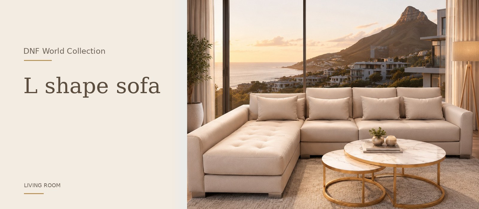 L shape sofa product page banner featuring a styled DNF World lifestyle setting