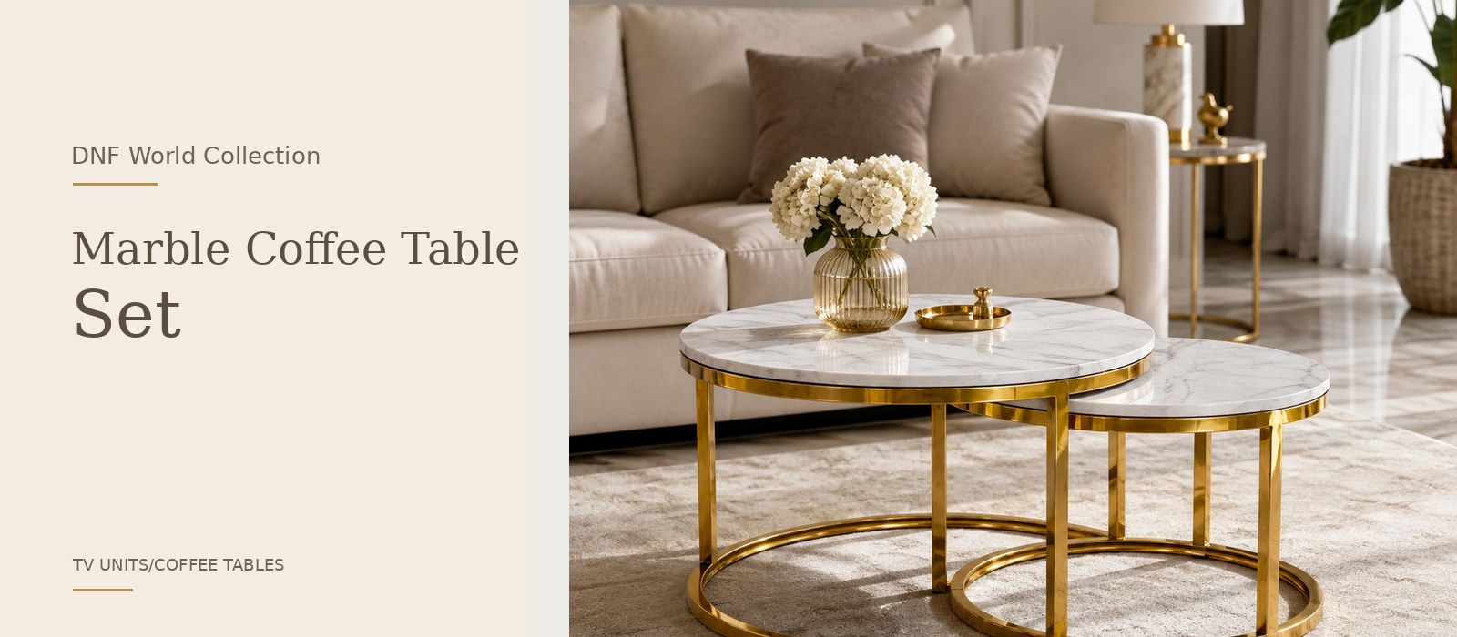 Marble Coffee Table Set product page banner featuring a styled DNF World lifestyle setting