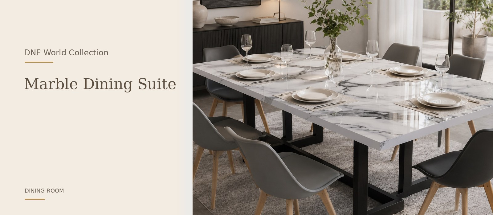 Marble Dining Suite product page banner featuring a styled DNF World lifestyle setting