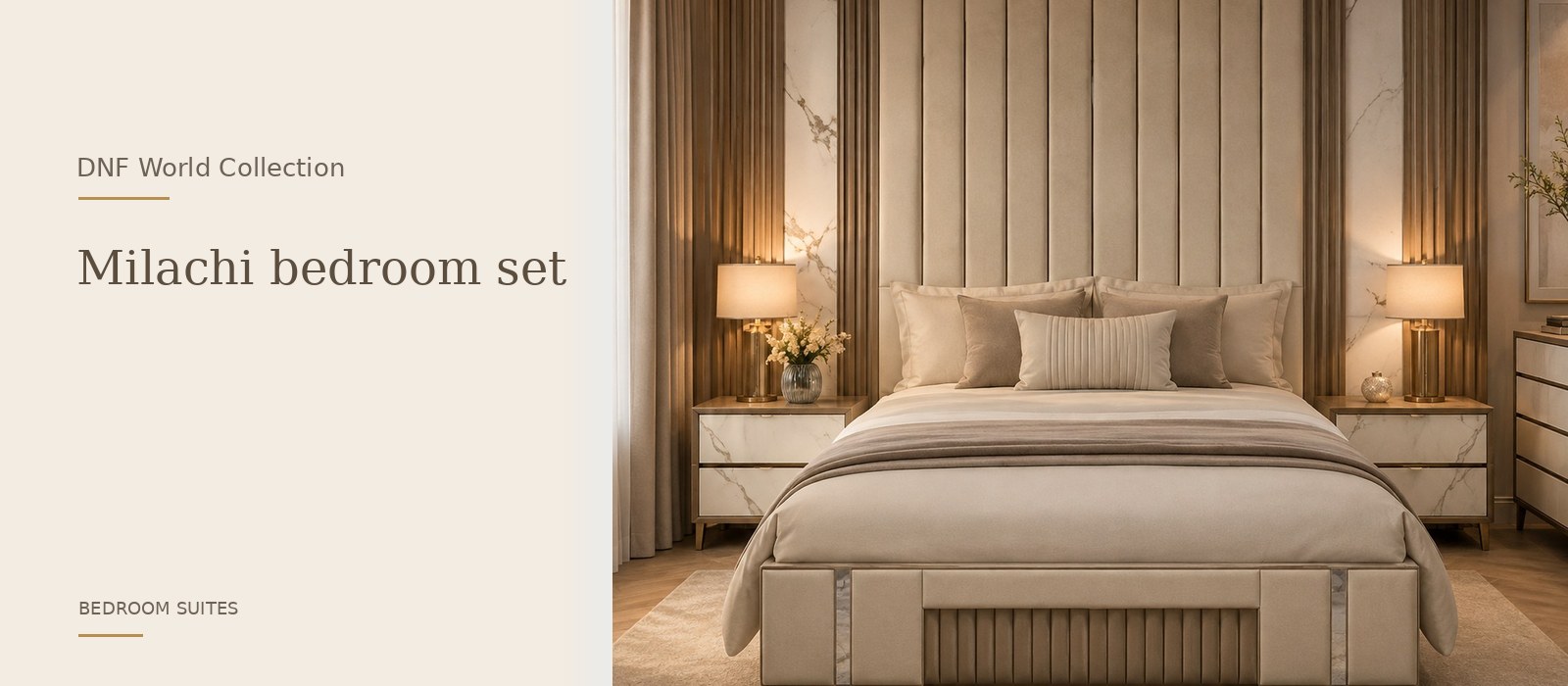 Milachi bedroom set product page banner featuring a styled DNF World lifestyle setting