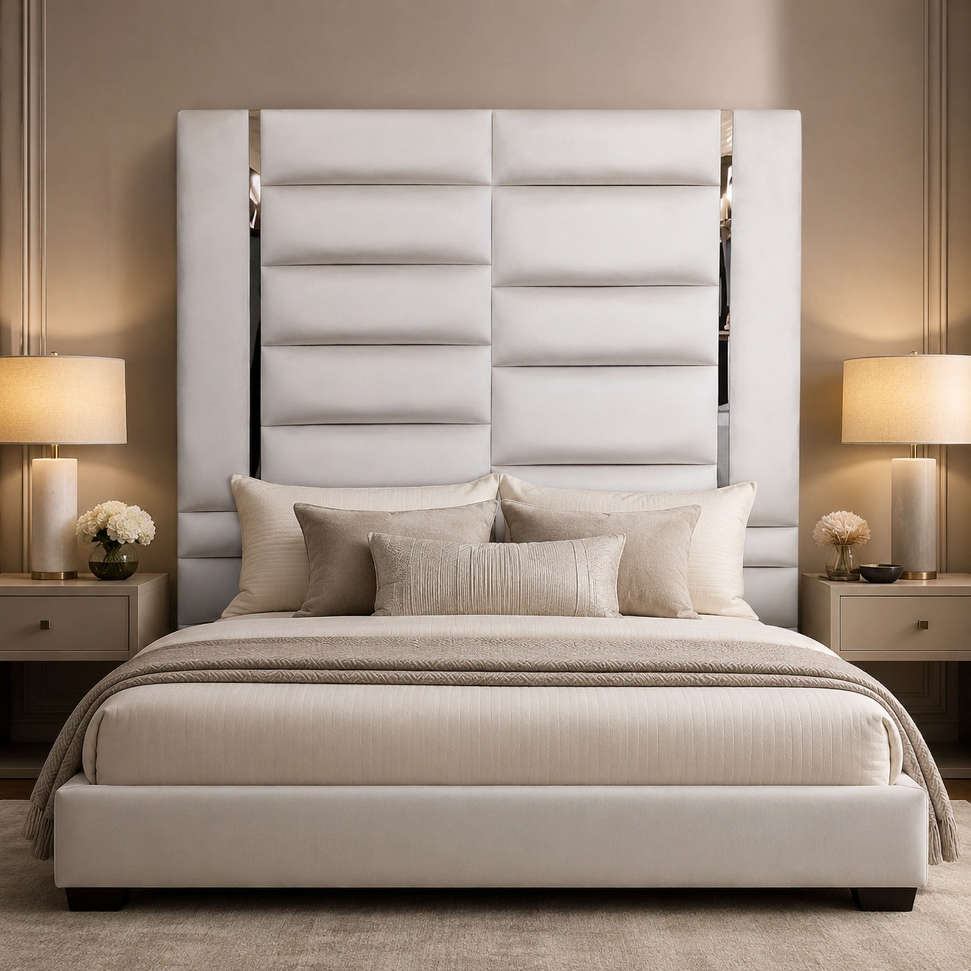 Milan Headboard product lifestyle image in a sculpted modern luxury bedroom by DNF World