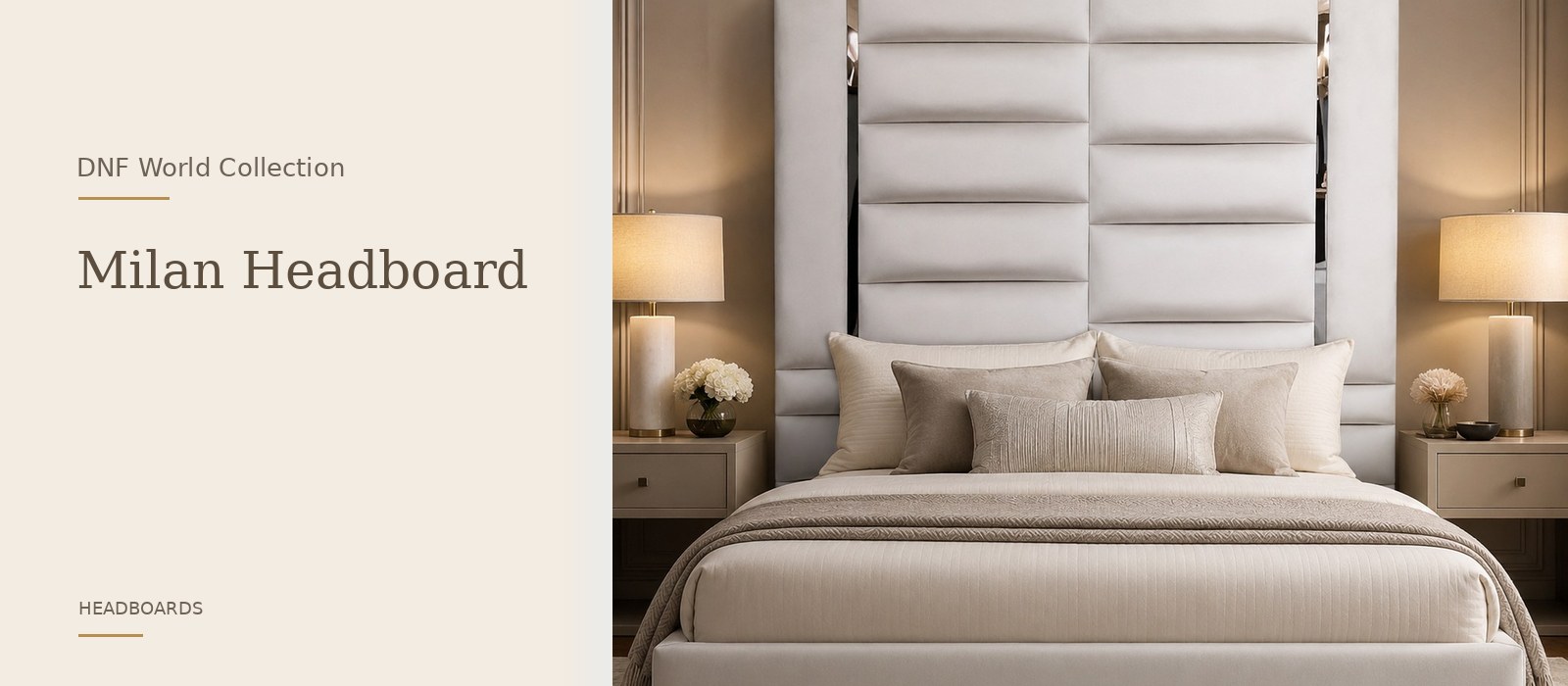 Milan Headboard product page banner featuring a styled DNF World lifestyle setting