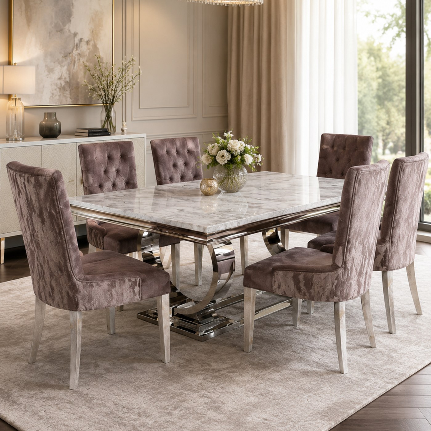 Milo Dining set product lifestyle image in a modern luxe dining room with crystal chandelier by DNF World