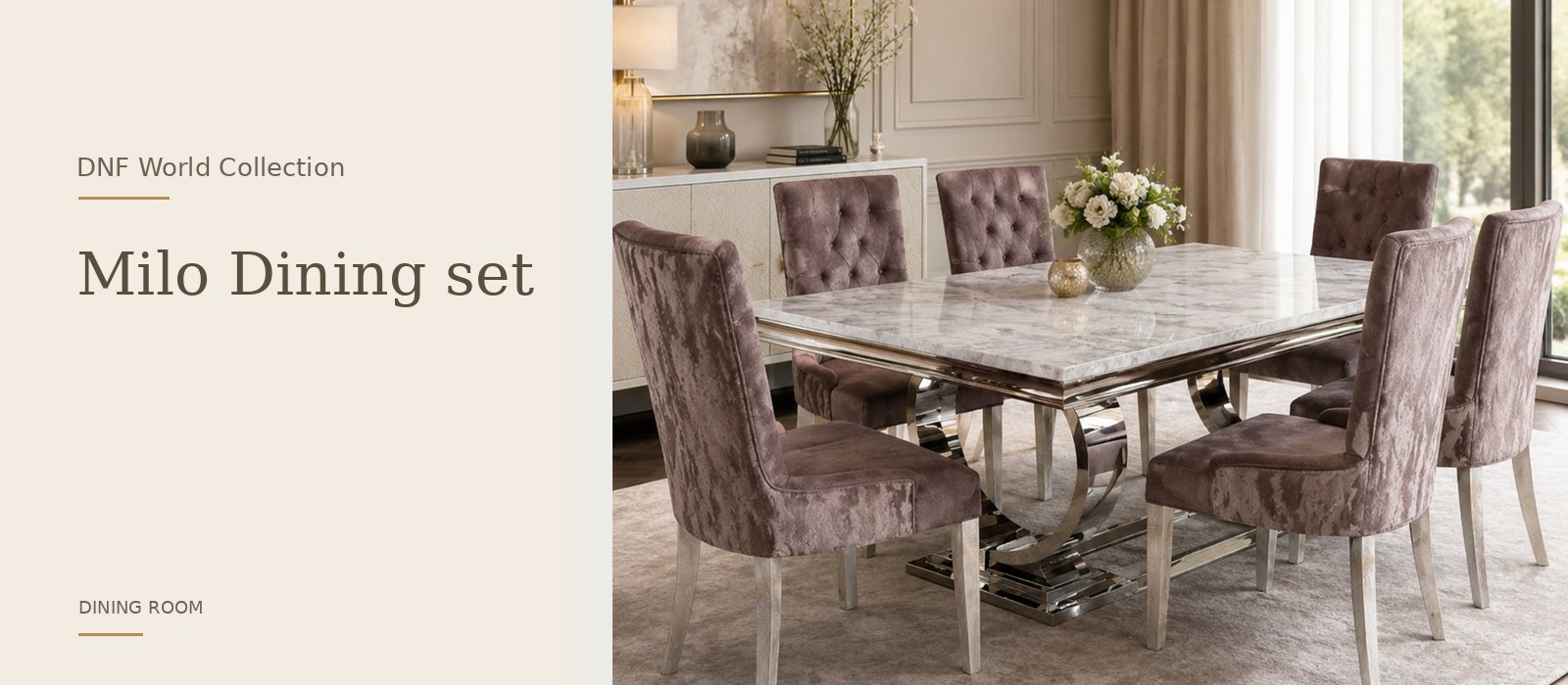 Milo Dining set product page banner featuring a styled DNF World lifestyle setting