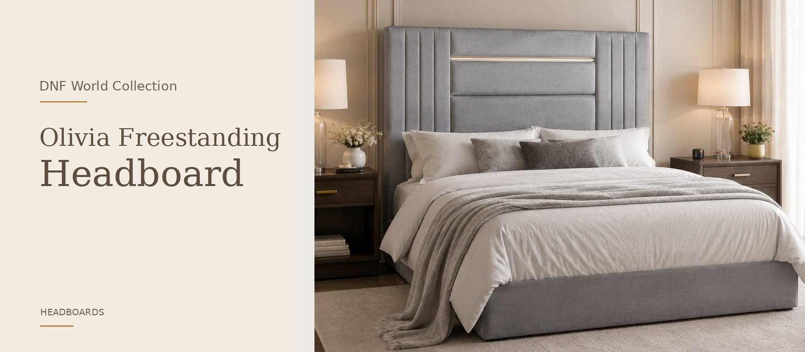 Olivia Freestanding Headboard product page banner featuring a styled DNF World lifestyle setting