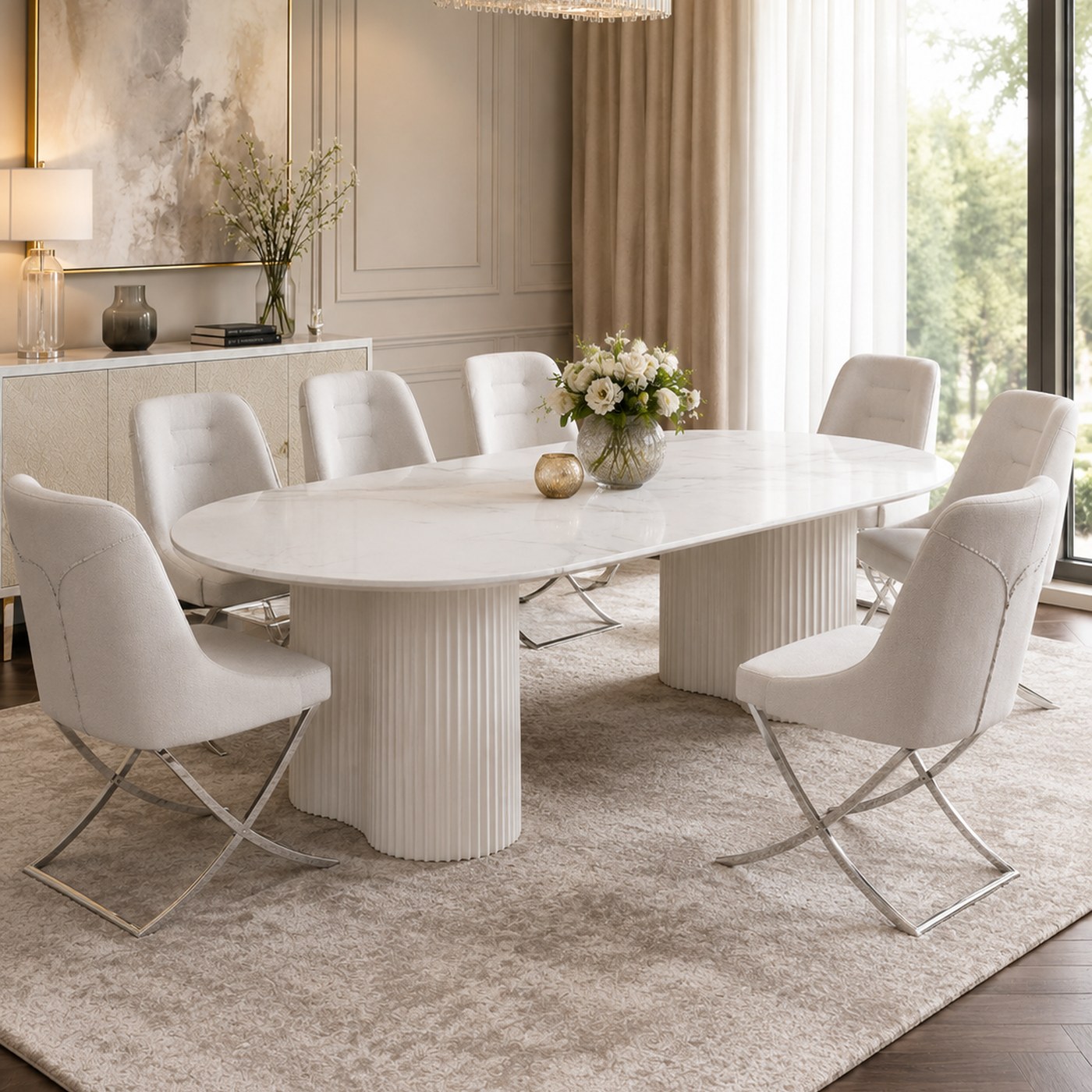 Oval Marble Dining Suite 8 Seater product lifestyle image in an elegant neutral dining room by DNF World