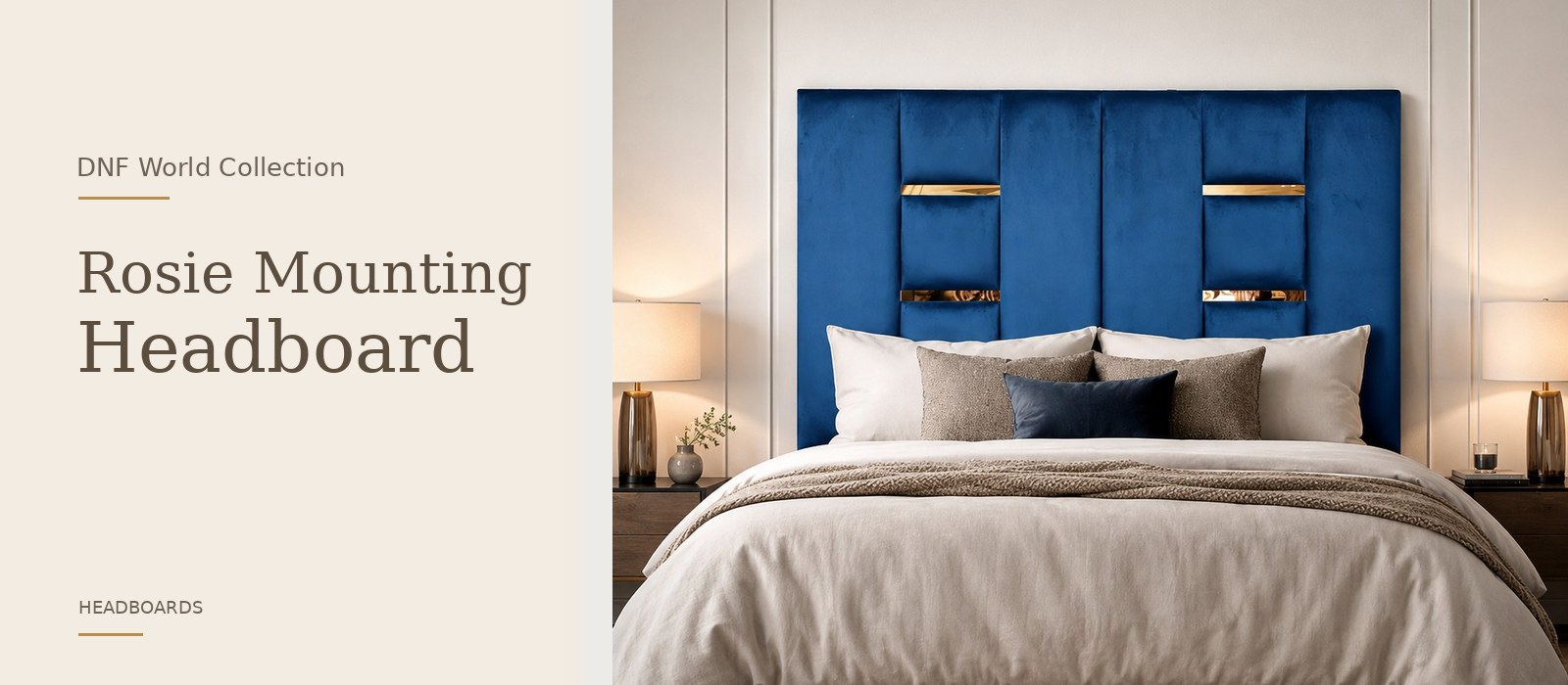 Rosie Mounting Headboard product page banner featuring a styled DNF World lifestyle setting