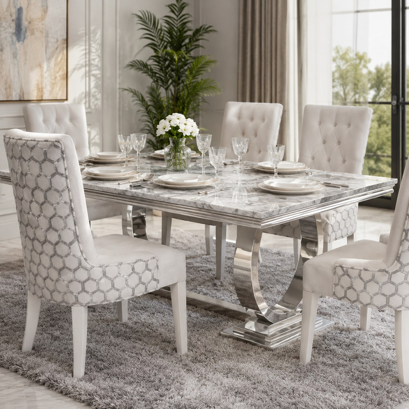 Silver Marble Dining Suite product lifestyle image in an elegant marble dining room by DNF World