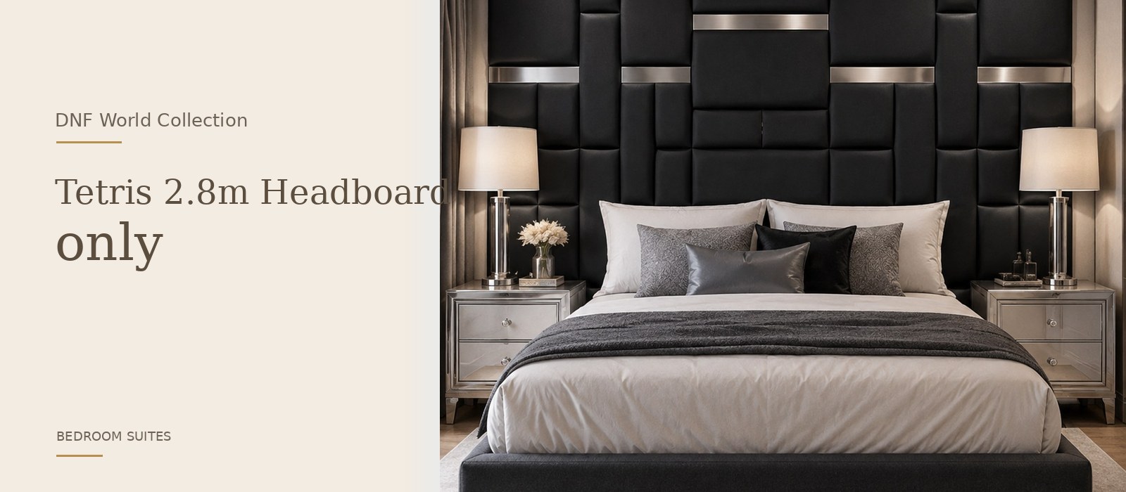 Tetris 2.8m Headboard only product page banner featuring a styled DNF World lifestyle setting