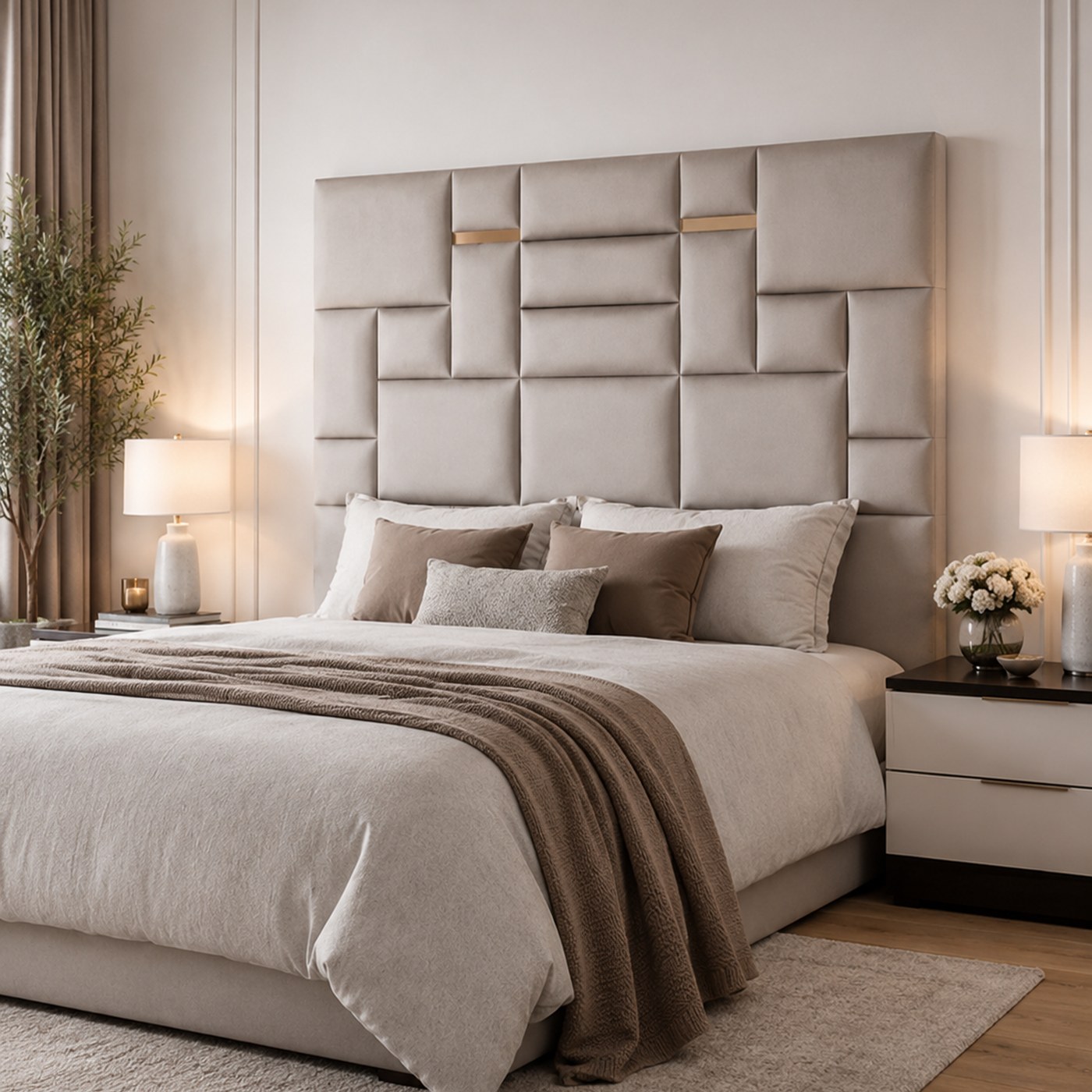 Tetris Bling Headboard product lifestyle image in a serene neutral minimalist bedroom by DNF World