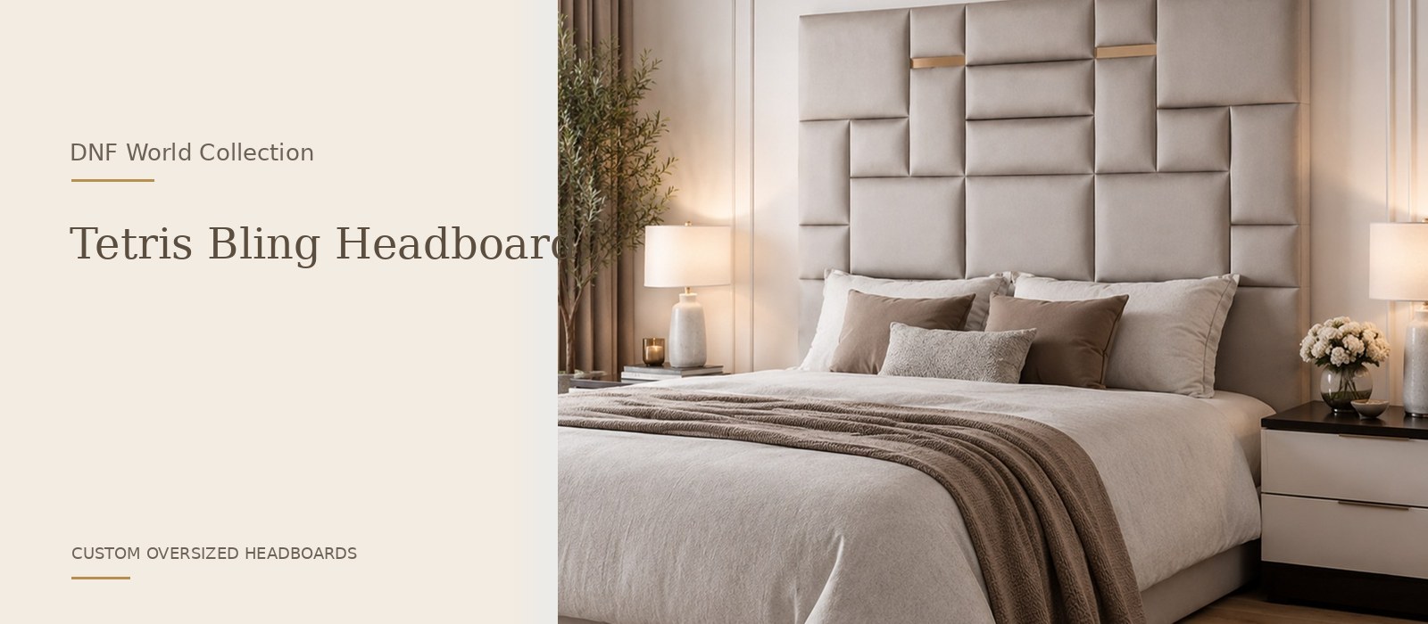 Tetris Bling Headboard product page banner featuring a styled DNF World lifestyle setting