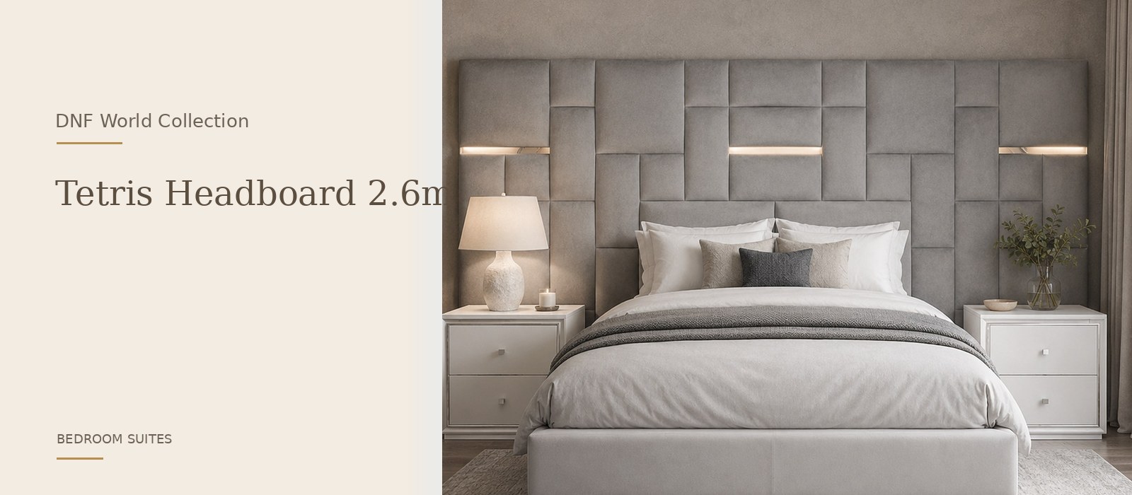 Tetris Headboard 2.6m product page banner featuring a styled DNF World lifestyle setting