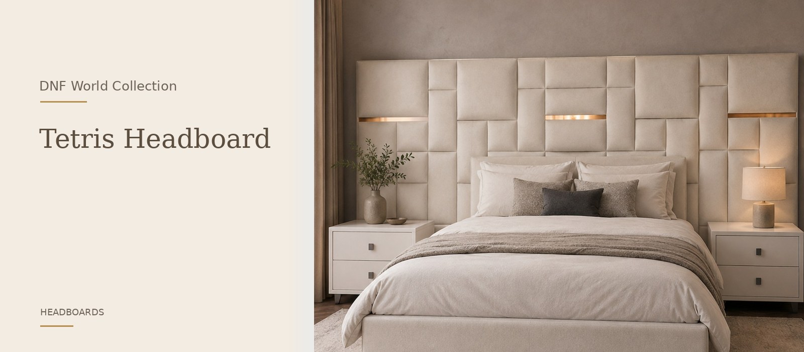 Tetris Headboard product page banner featuring a styled DNF World lifestyle setting