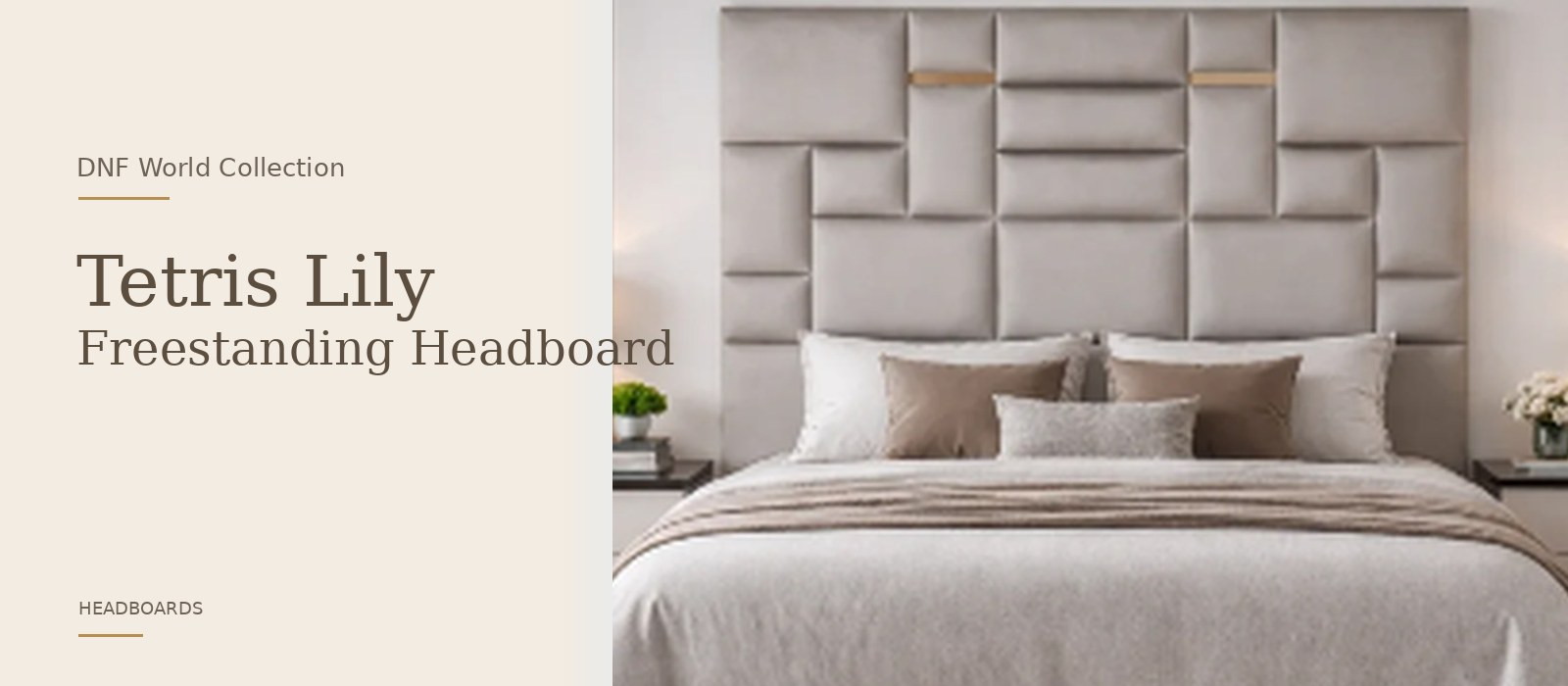 Tetris Lily Freestanding Headboard product page banner featuring a styled DNF World lifestyle setting