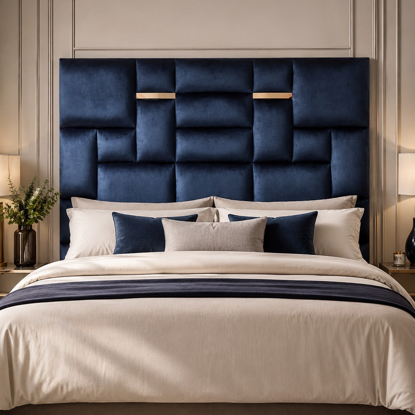 Tetris Lily Mounting Headboard product lifestyle image in a modern navy bedroom by DNF World
