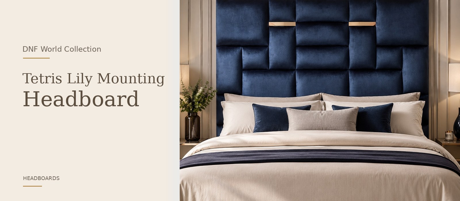 Tetris Lily Mounting Headboard product page banner featuring a styled DNF World lifestyle setting
