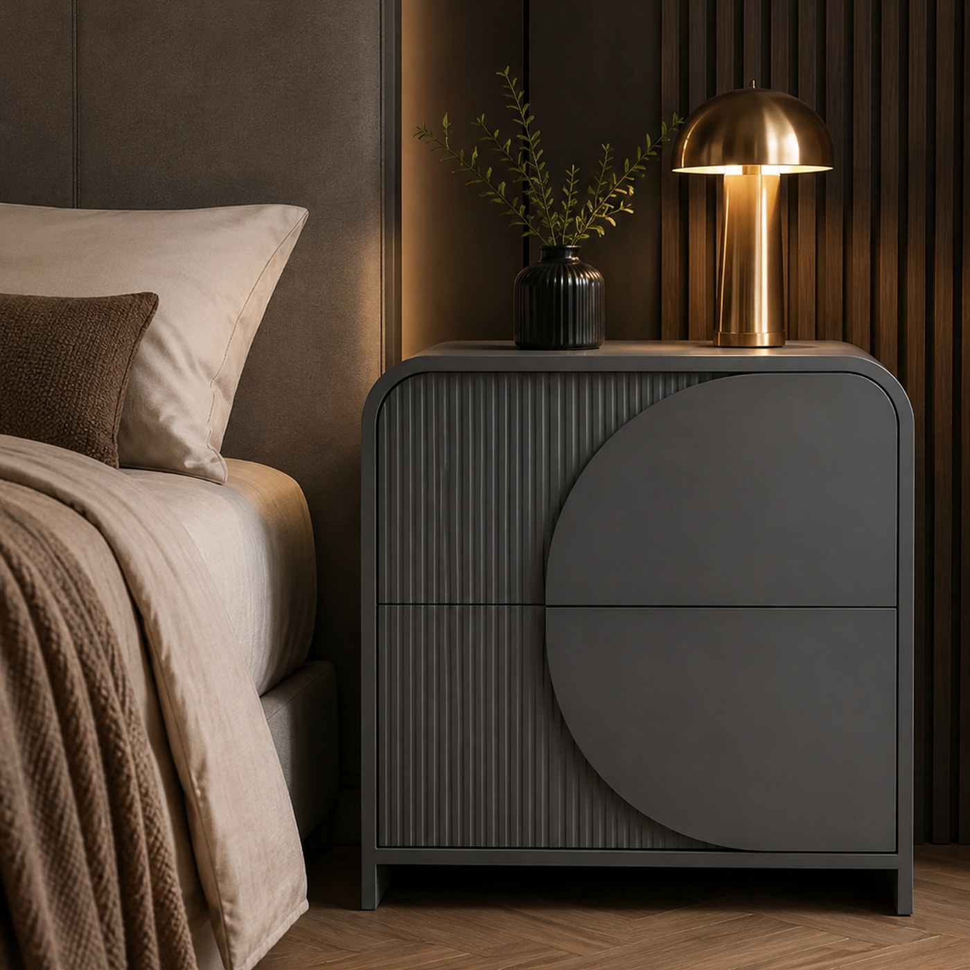 The Curve Bedside Table product lifestyle image in a warm modern bedroom by DNF World