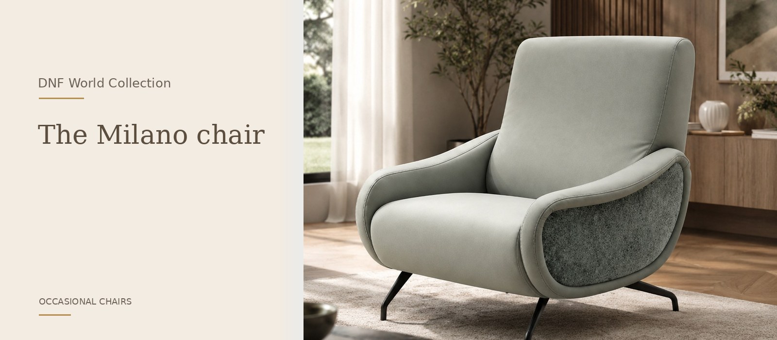 The Milano chair product page banner featuring a styled DNF World lifestyle setting