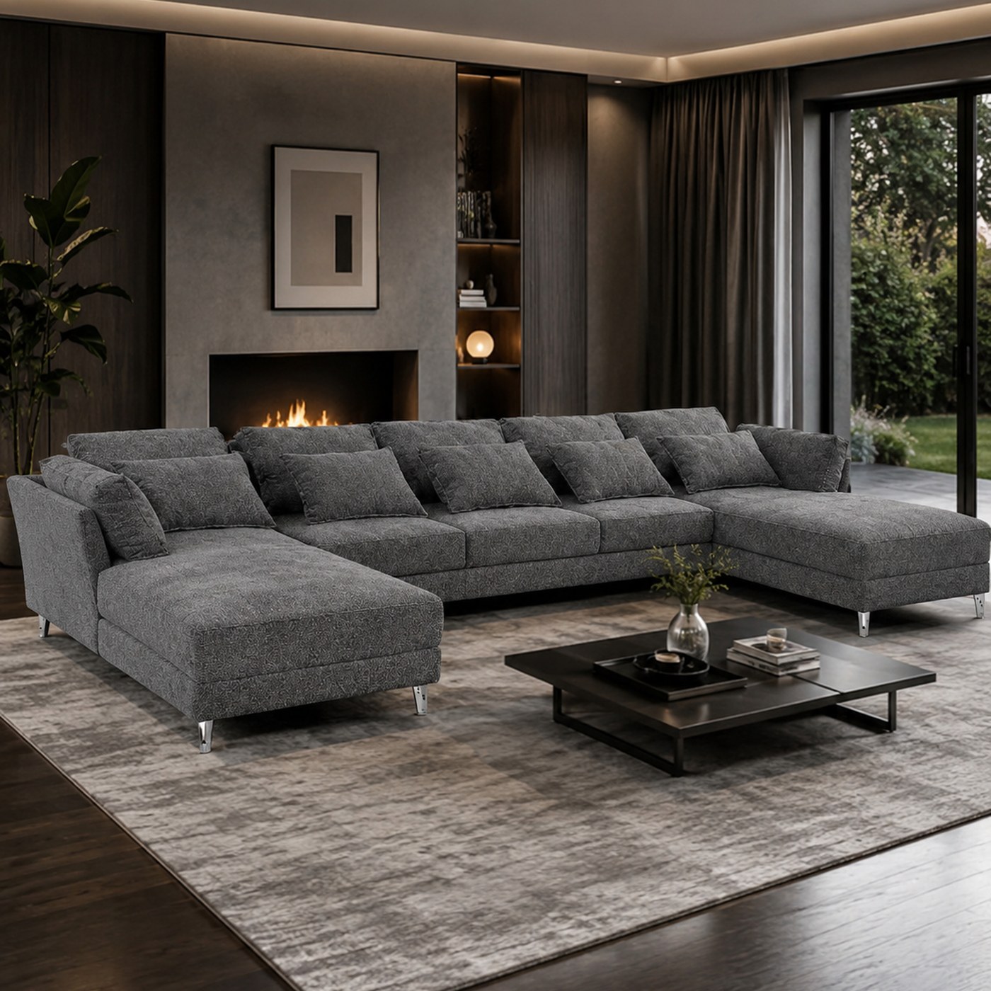 U shape sofa product lifestyle image in a moody modern living room by DNF World