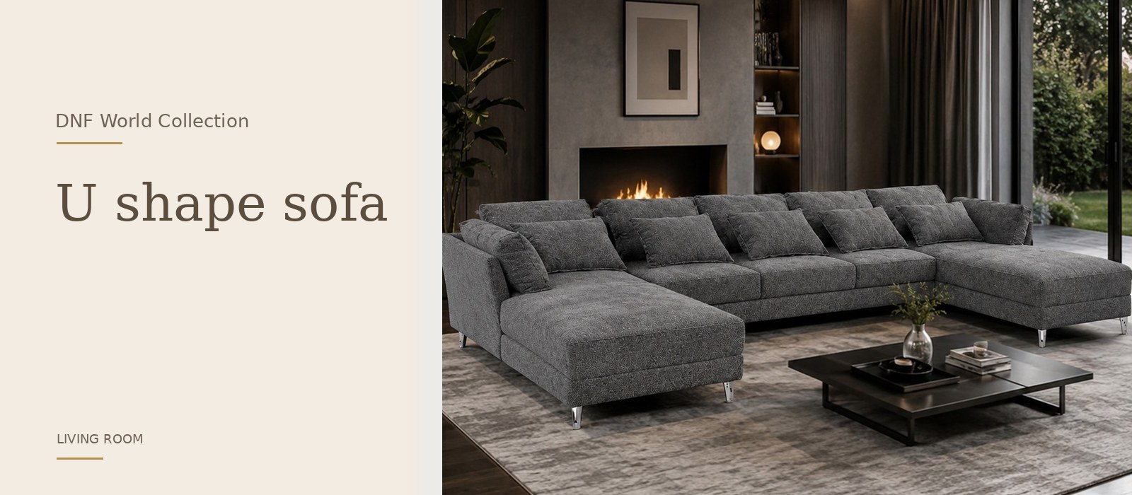 U shape sofa product page banner featuring a styled DNF World lifestyle setting