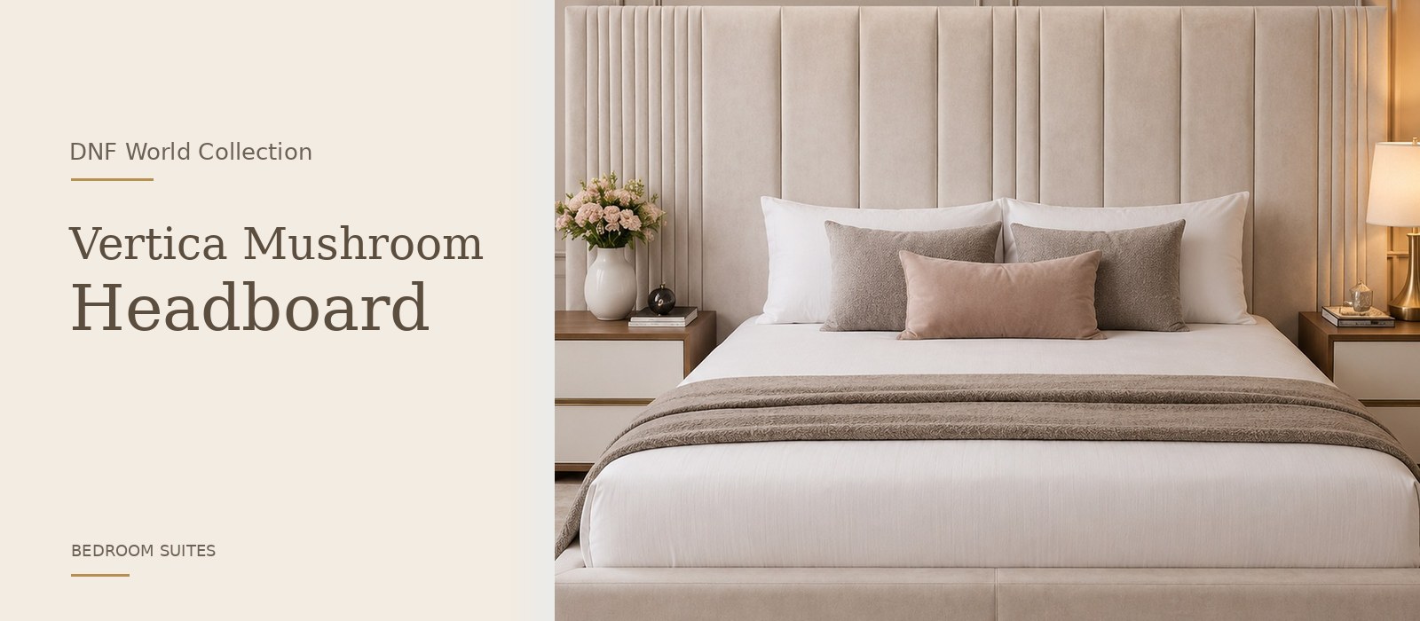 Vertica Mushroom Headboard product page banner featuring a styled DNF World lifestyle setting