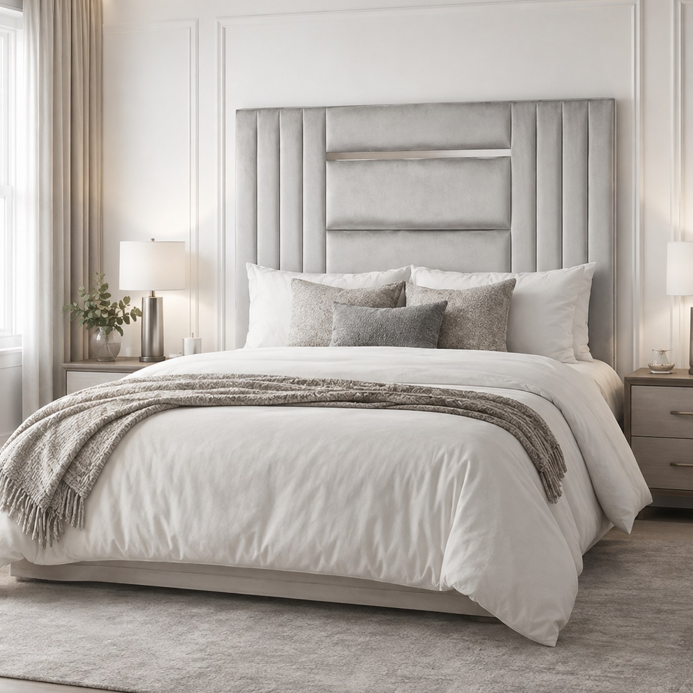 Violet Mounting Headboard product lifestyle image in a serene modern neutral bedroom by DNF World