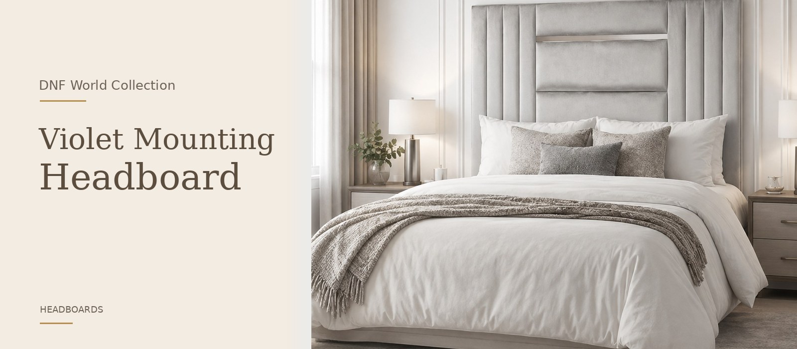 Violet Mounting Headboard product page banner featuring a styled DNF World lifestyle setting