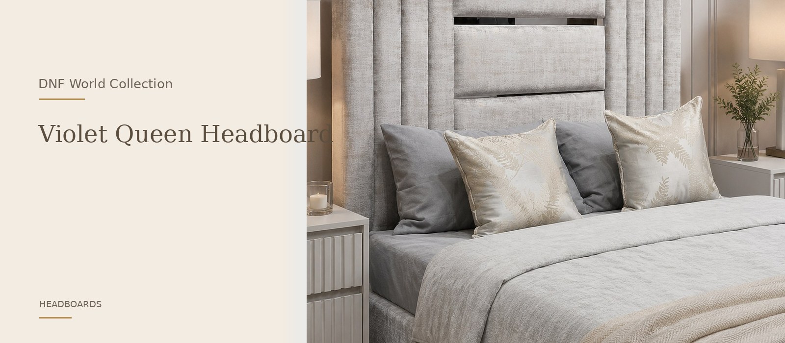 Violet Queen Headboard product page banner featuring a styled DNF World lifestyle setting